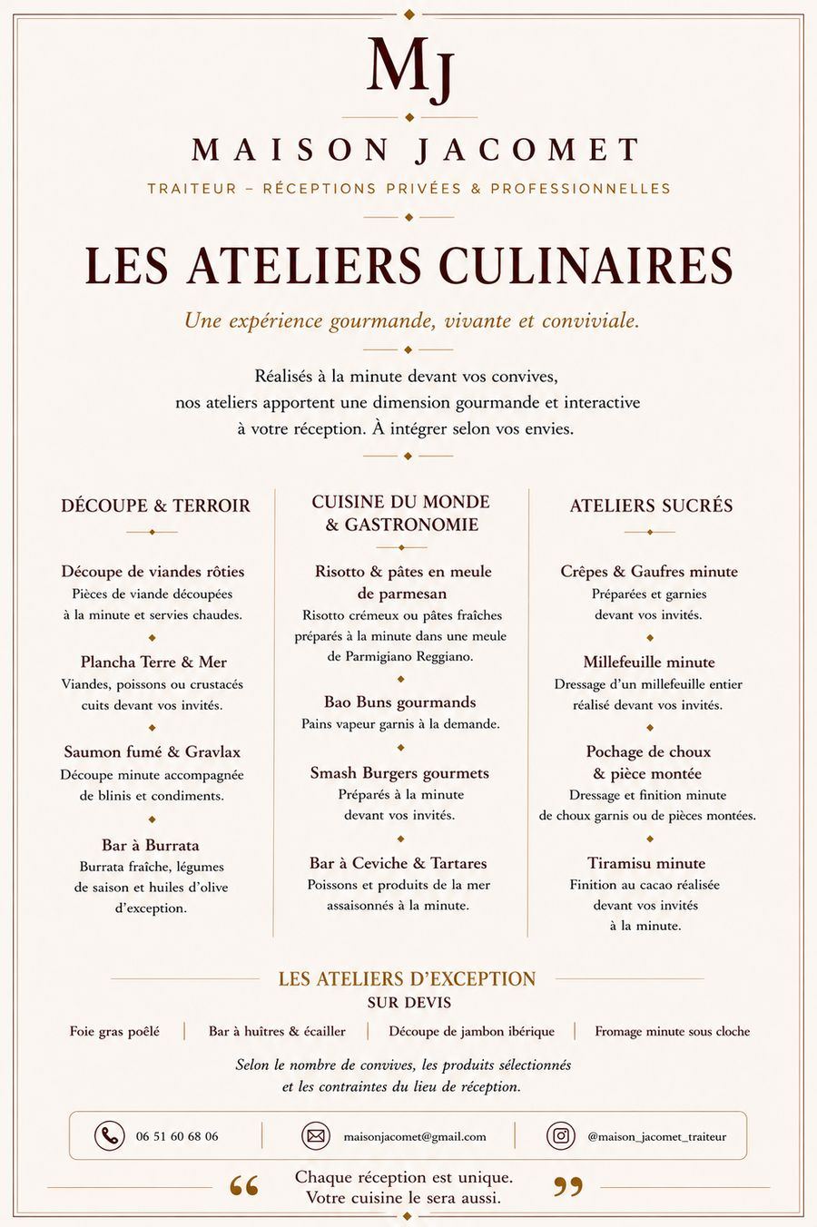 Carte des ateliers culinaires Maison Jacomet