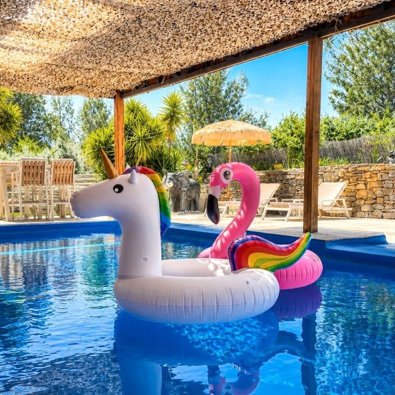 Piscine et espace d&eacute;tente de la Villa Allegra Paloma, am&eacute;nag&eacute;e pour une f&ecirc;te